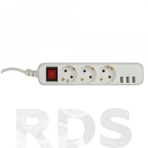 Удлинитель ЭРА c заземлением, с выключателем, 3 гнезда + 3 USB, 3м - фото 2